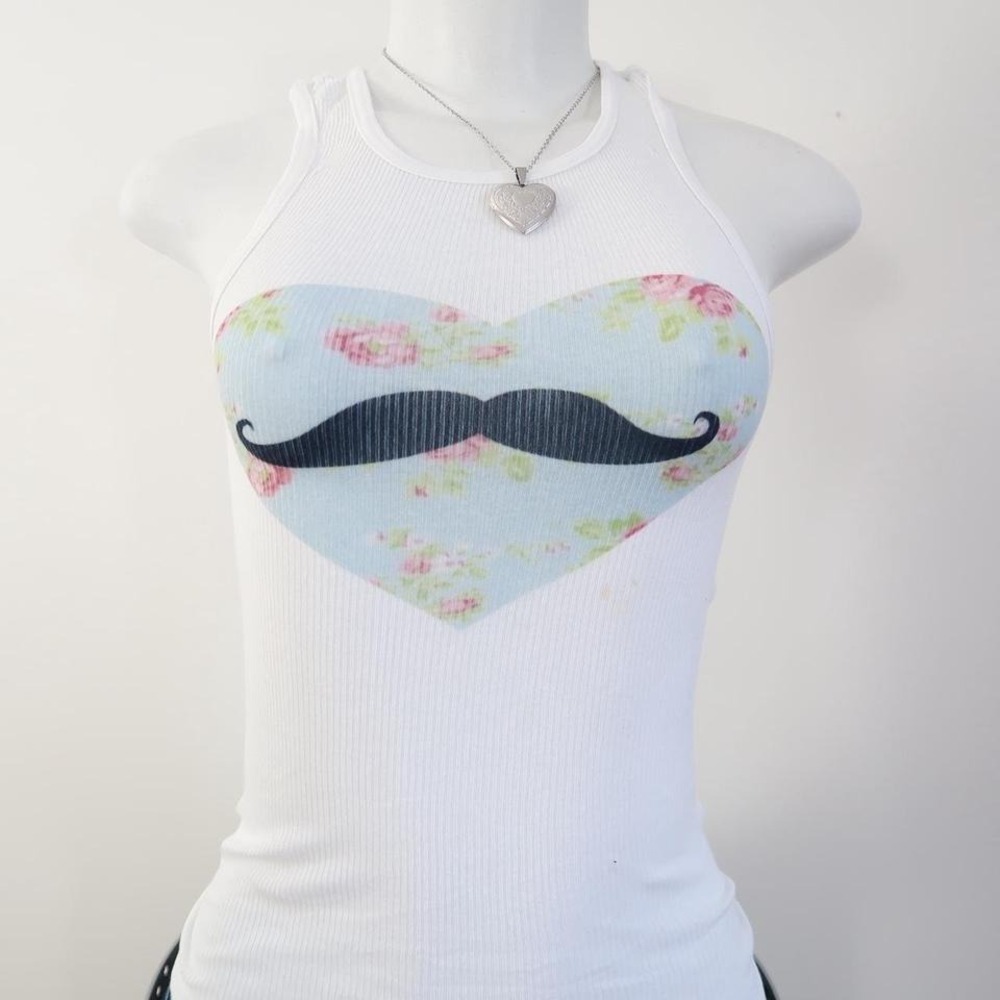 2010s floral mustache heart graphic tank white ribbed tumblr baby tee - Picture 5 of 5